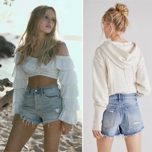 Free People Pants - Free People Good Time Beach Bum Relax Raw Hem Cut Off Denim Shorts Blue 31 NWOT